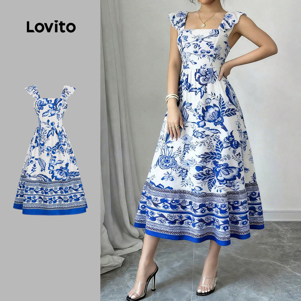 Lovito Vestido Boho com Babados Fecho em Zíper Vestido de Primavera/verão para Mulheres LBL34013 Lovito Vestido Boho com Babados Fecho em Zíper Vestido de Primavera/verão para Mulheres LBL34013