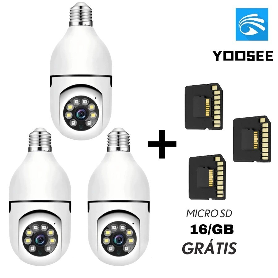 Kit 3 Câmera De Segurança Lâmpada 360 Yoosee Wifi + 3 Cartões SD 16GB