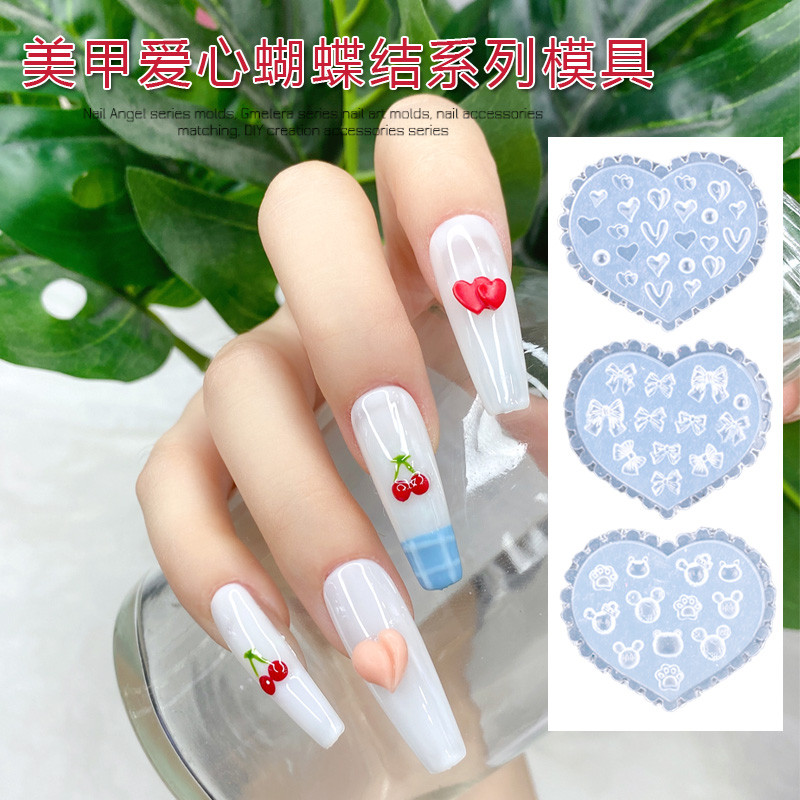 Influenciador japonês Silicone macio Manicure camélia amor coração pêssego coração arco molde tridimensional esculpido m