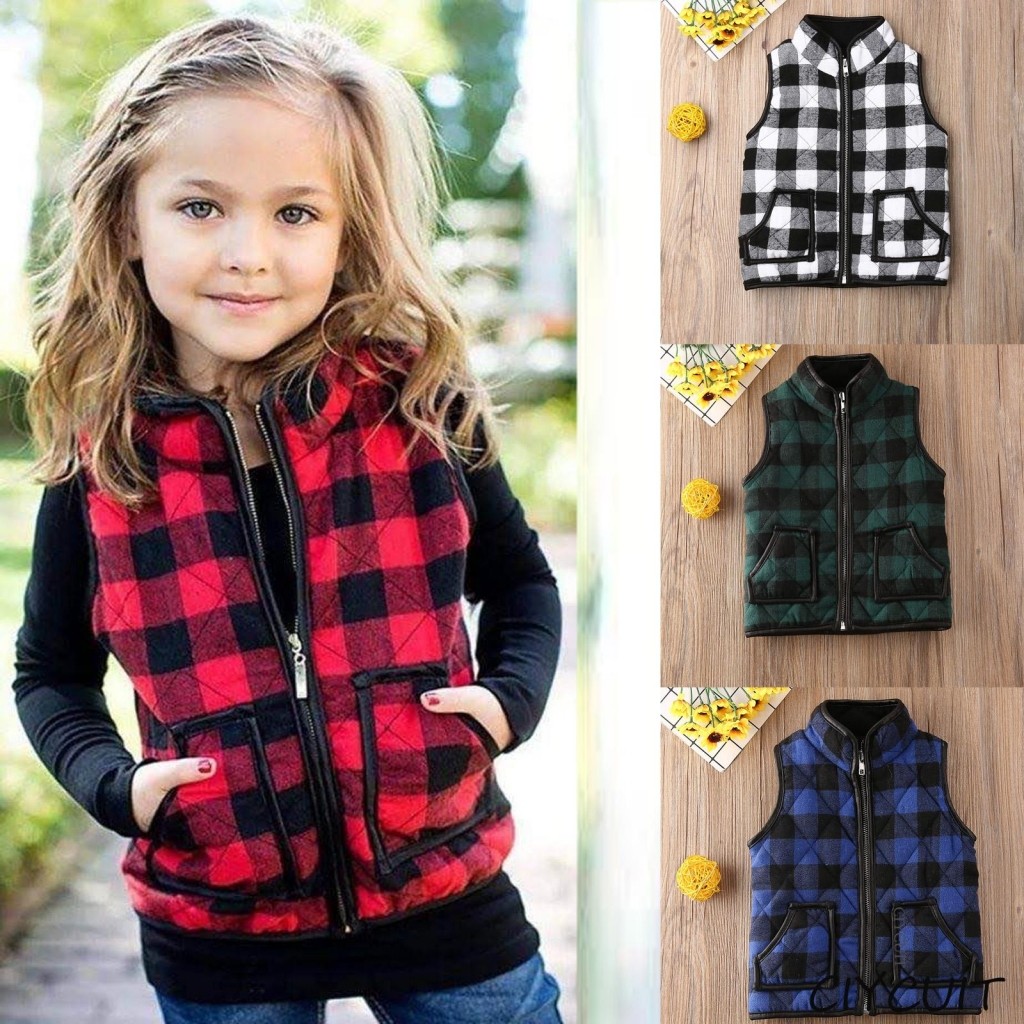 [CIYCUIT] 1-6 Anos Crianças Bebê Menino/Menina Sem Mangas Outwear Diário Com Zíper Xadrez Colete Grosso Jaqueta Bolsos