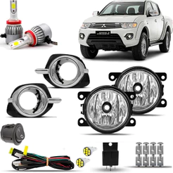 Kit Farol Milha Neblina Auxiliar Farolete Cibie Completo Triton L200 2014 15 16 Moldura Cromo Com Super Led h8 6000K