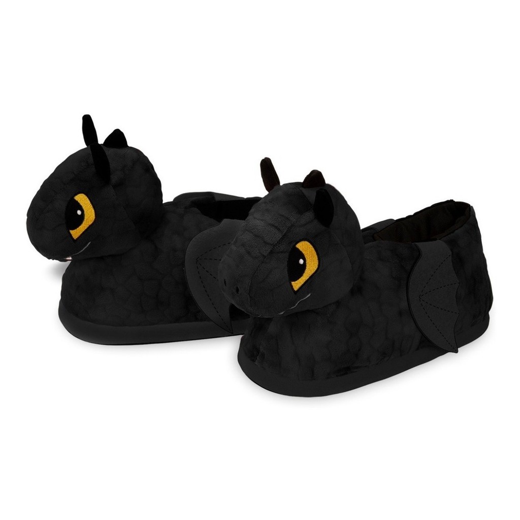 Pantufa 3D Dragão Preto Pelúcia Quentinha Com Solado Antiderrapante