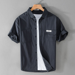 Renben estilo Hong Kong camisa masculina de verão de manga curta estilo verão Multi-bolso bonito puro algodão Workwear c