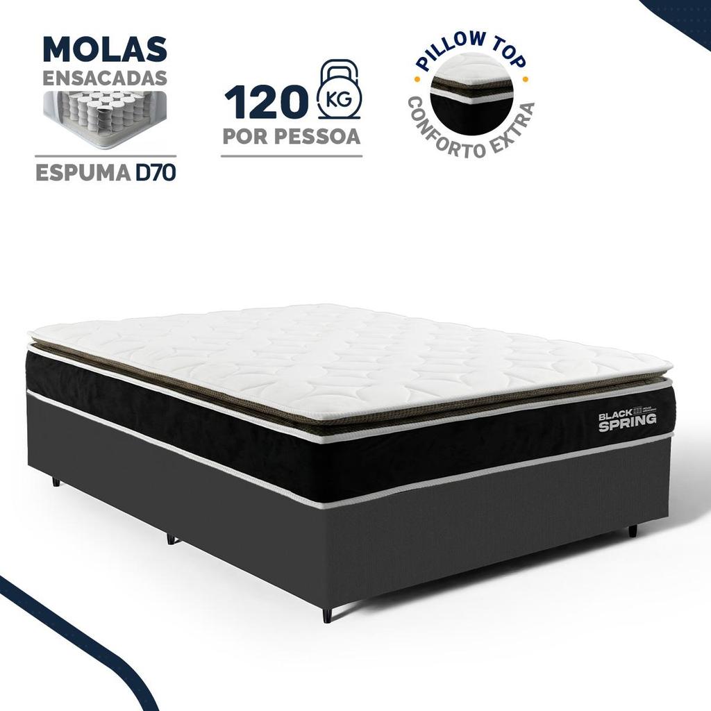 Cama Box com Colchão de Molas Ensacadas Pillow Top Black Spring Topazio Casal 138cm