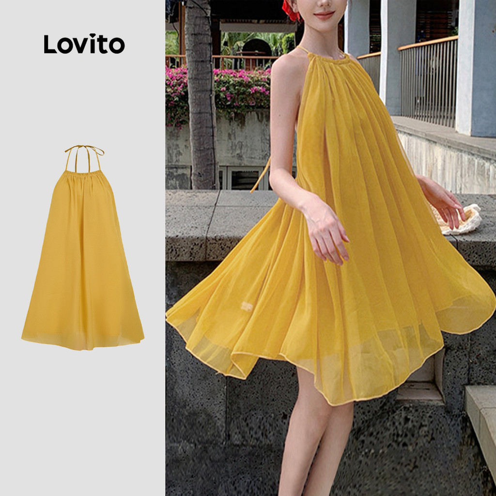Lovito Férias Vestido Dupla Camada Sem Costas Estilo Resort Verão/primavera Amar