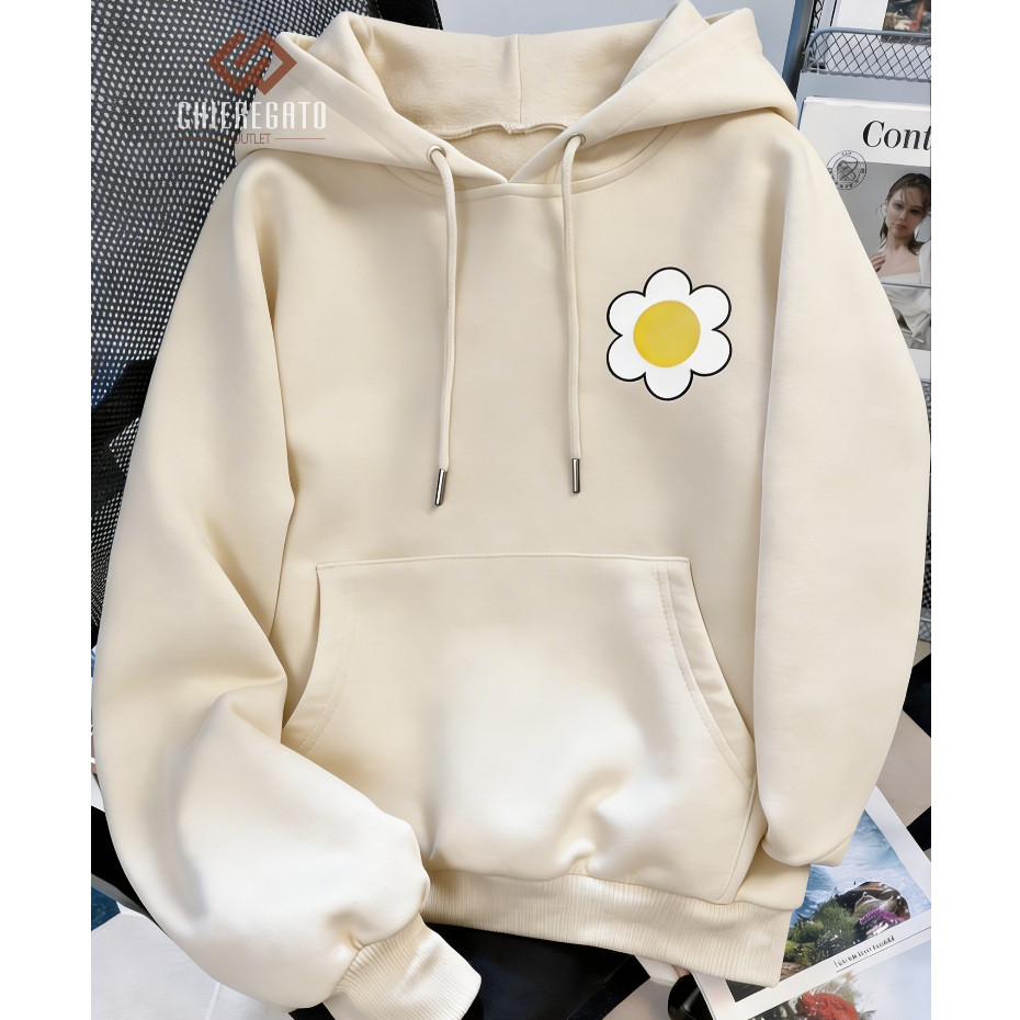 Moletom Feminino Blusa de Frio Inverno Moletom Com Capuz Desenho Flor Margarida Patch Minimalista