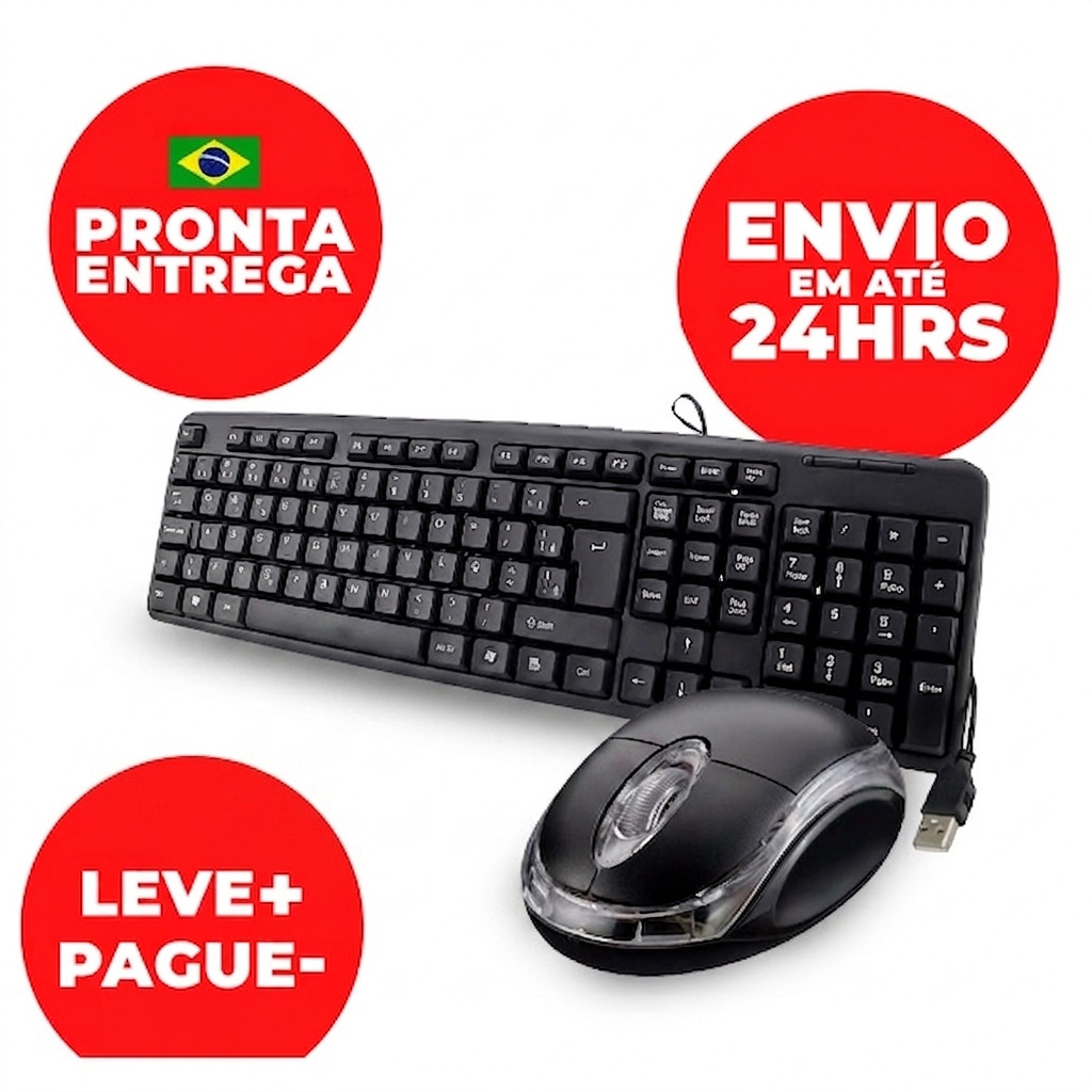 Kit Teclado e Mouse USB com Fio para PC e Notebook Plug and Play Básico Barato