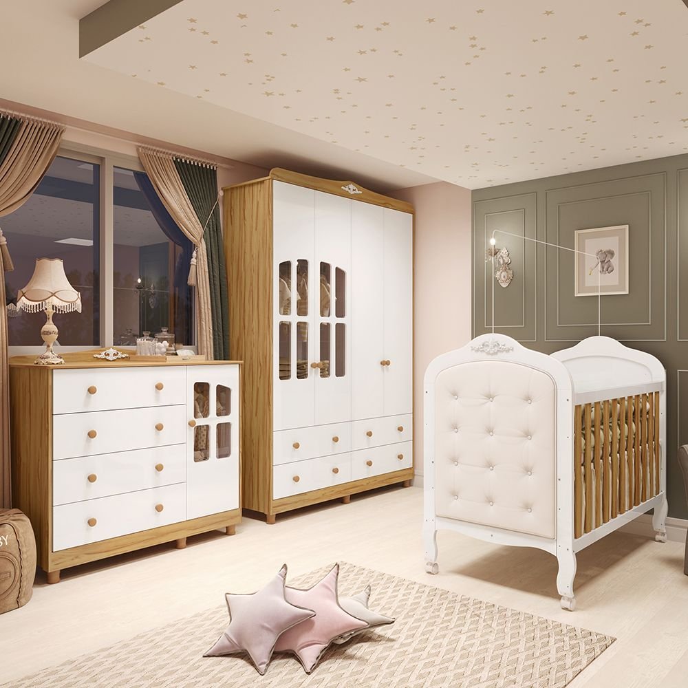 Quarto de Bebê Guarda-Roupa e Cômoda com Janelas e Berço com Capitonê Maya Clássico Espresso Móveis