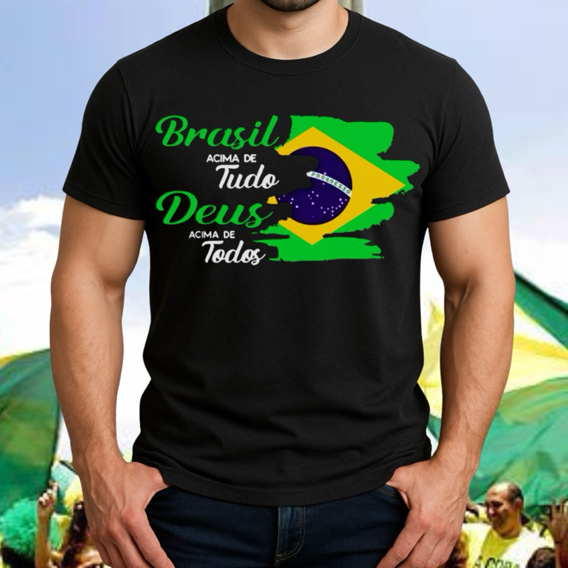 Camiseta unisex slim Deus acima de tudo Brasil acima de todos masculina camisa Brasil  copa do mundo