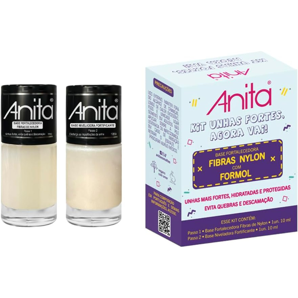 Kit 2 Esmaltes Anita Unhas Fortes Agora Vai Base Tratamento Com Formol e Fibra Nylon