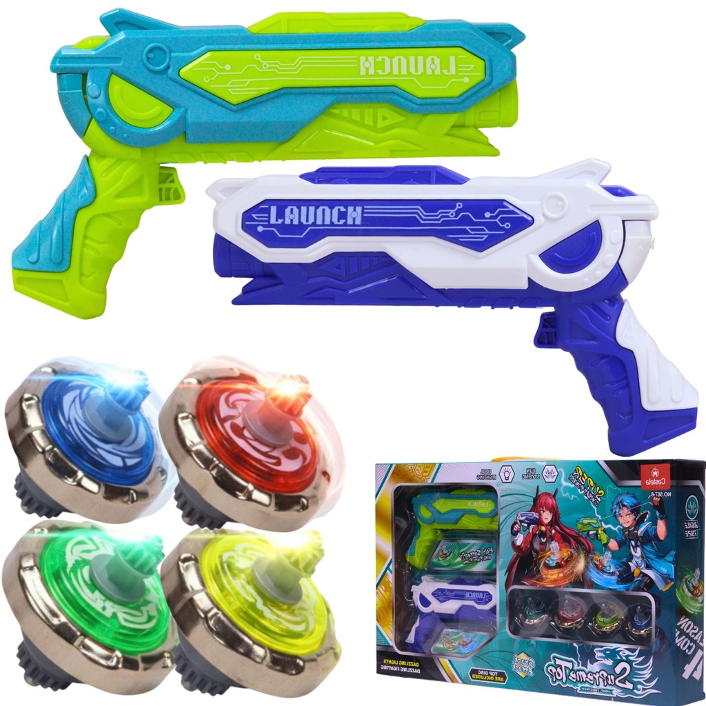 Batalha Suprema De Piões Com 2 Lançadores e 4 Piões Verde e Azul Castela