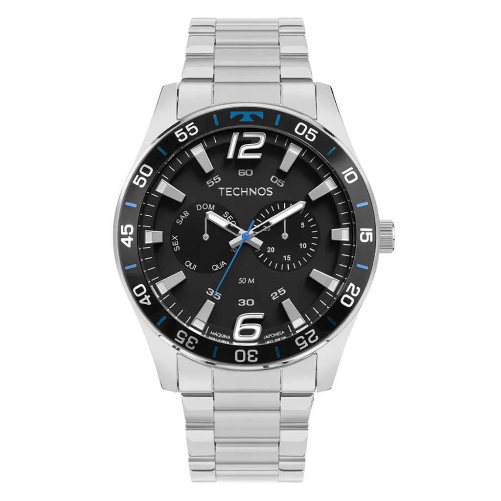 Relógio Masculino Technos Racer Aço Prata Mostrador Preto Cronógrafo 6P25BW/1P