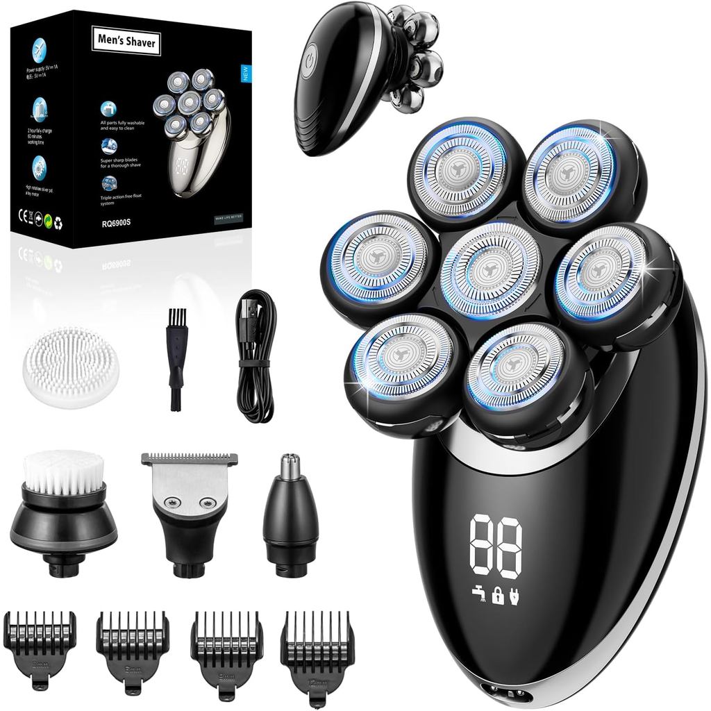 Aparelhos de Barbear Premium 7D para Homens Carecas - Aparelho Elétrico 5 em 1 Desmontável com Lâminas Flutuantes, Kit d