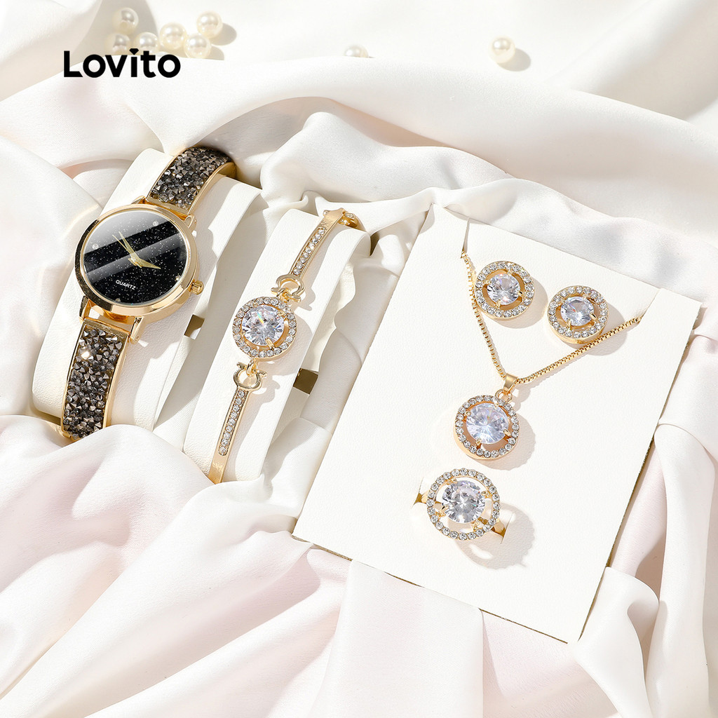 Lovito Relógio De Quartzo Casual Com Brilho De Diamante 4 Peças Elegante LFA108030