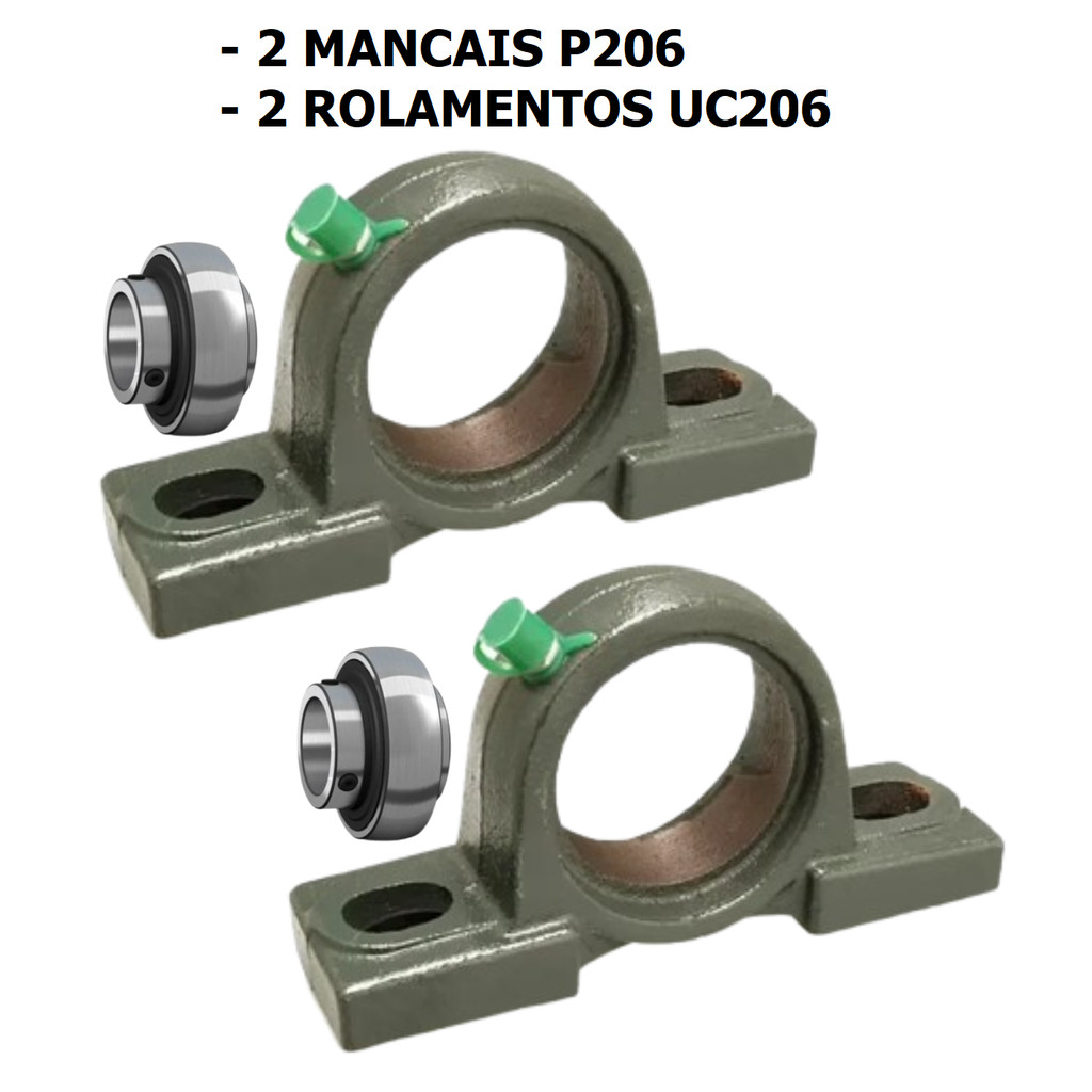 Kit 2 UCP206 Mancal Pedestal P206 E Rolamento Rígido Esferas UC206 Para Eixo 30mm Completo Indústria Com Pino Graxeiro