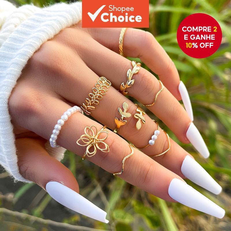 Conjunto De Anéis Femininos De Pérola Falsa Floral Vazada Com 10 Peças , Joias Elegantes Para Um Visual Encantador