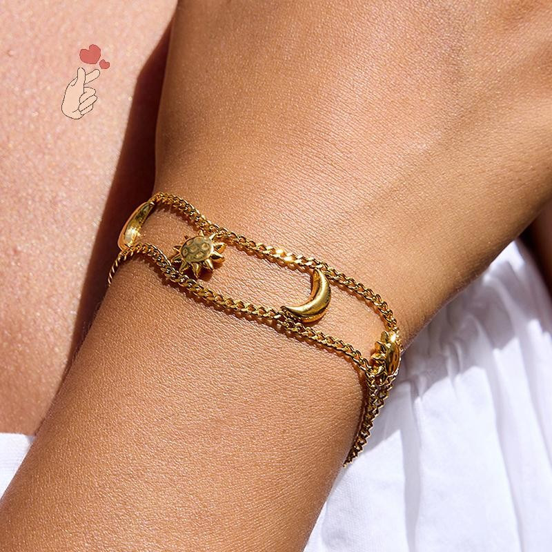 [PEBR] Tendência Da Moda 18K Banhado A Ouro Aço Inoxidável Sol Lua Pulseira Corrente Empilhável Joias Femininas [fa]