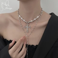Benge Gótico Em Camadas Colar Pérola Cruz Pingente Strass Y2K Gargantilha Clavícula Corrente Nervoso Bonito Punk Jóias E
