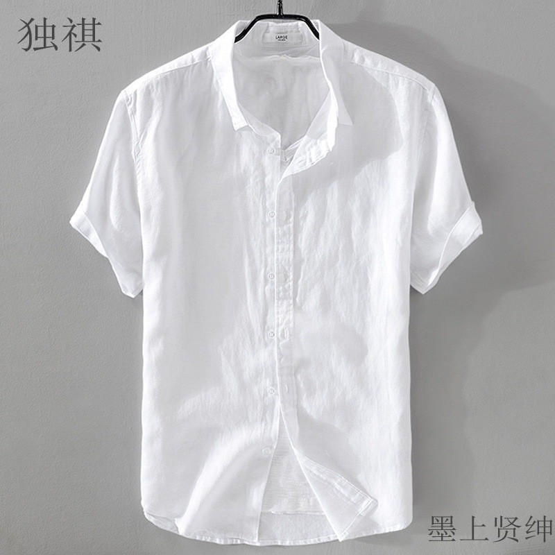 Camisa de manga curta de linho puro masculina camisa branca de linho de algodão roupas superiores masculinas casuais ver