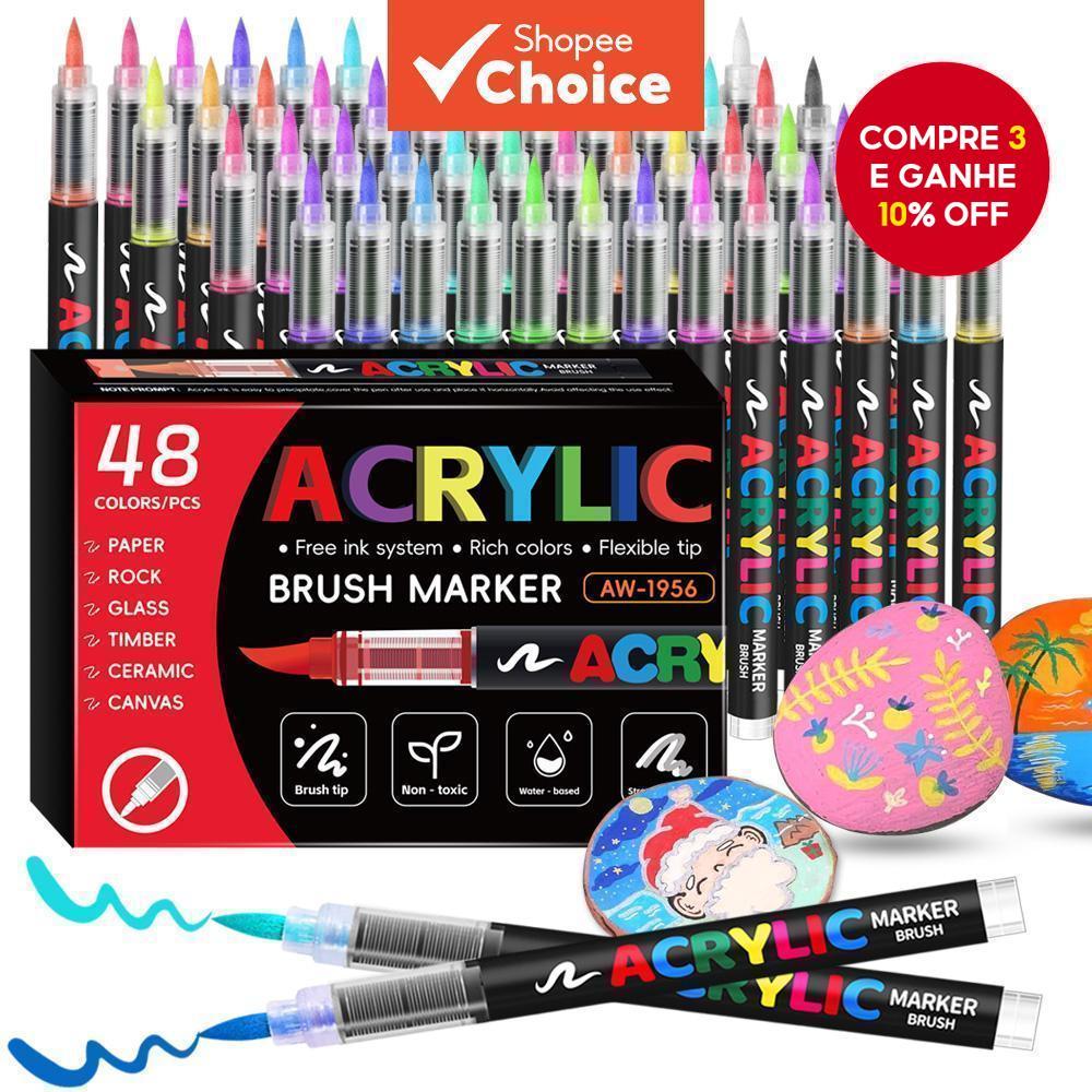 Conjunto De Marcadores Acrílicos 12-48 Cores , Caneta Pincel Flexível De Ponta Macia De Desenho De Arte À Prova D'água P em Oferta na Shopee