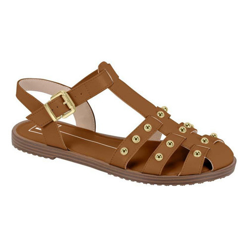 Sandália Feminina Rasteira Tachas E Fivela Leve Confortável camel Pedraria 36 BR Estilosa Gladiadora