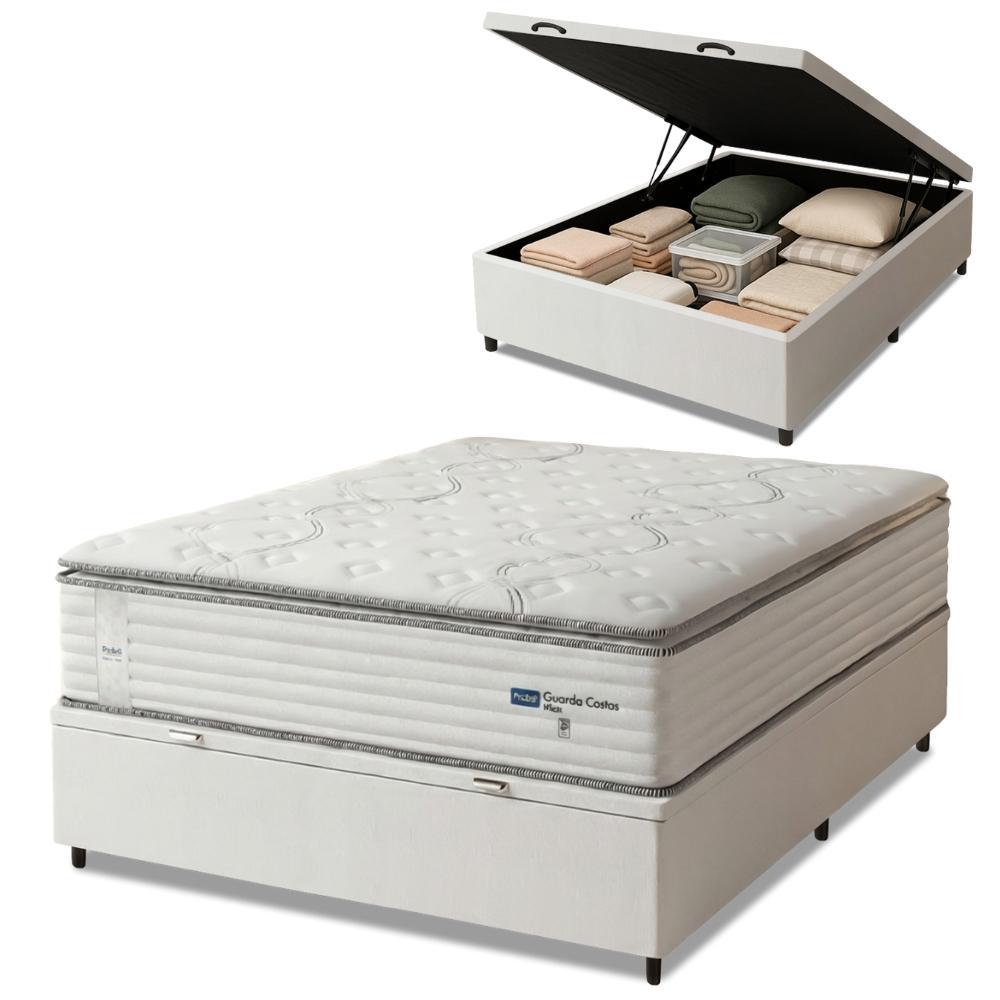 Cama Box Baú Casal Colchão Molas Guarda Costas Max Com Pillow 138x188x81cm Branco/Cinza em Oferta na Shopee