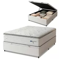 Cama Box Baú Casal Colchão Molas Guarda Costas Max Com Pillow 138x188x81cm Branco/Cinza