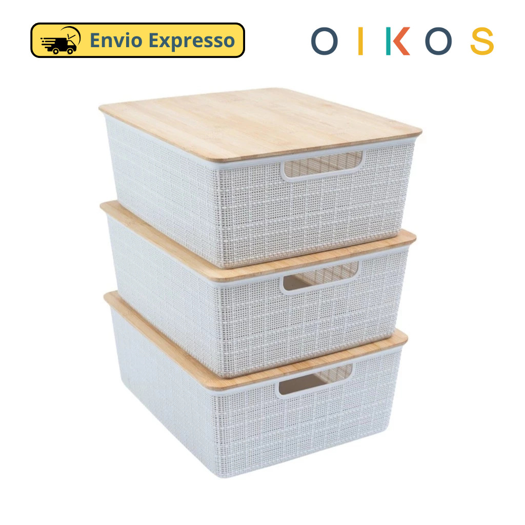 Kit 3 Caixas Organizadoras Tampa De Bambu Multiuso Branca 12L - Oikos em Oferta na Shopee