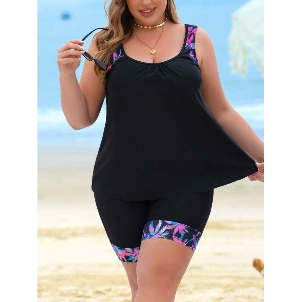 Swim Lushoire Plus Size Cor Sólida Patchwork Sem Mangas Minimalista Tankini Top E Inferior Verão