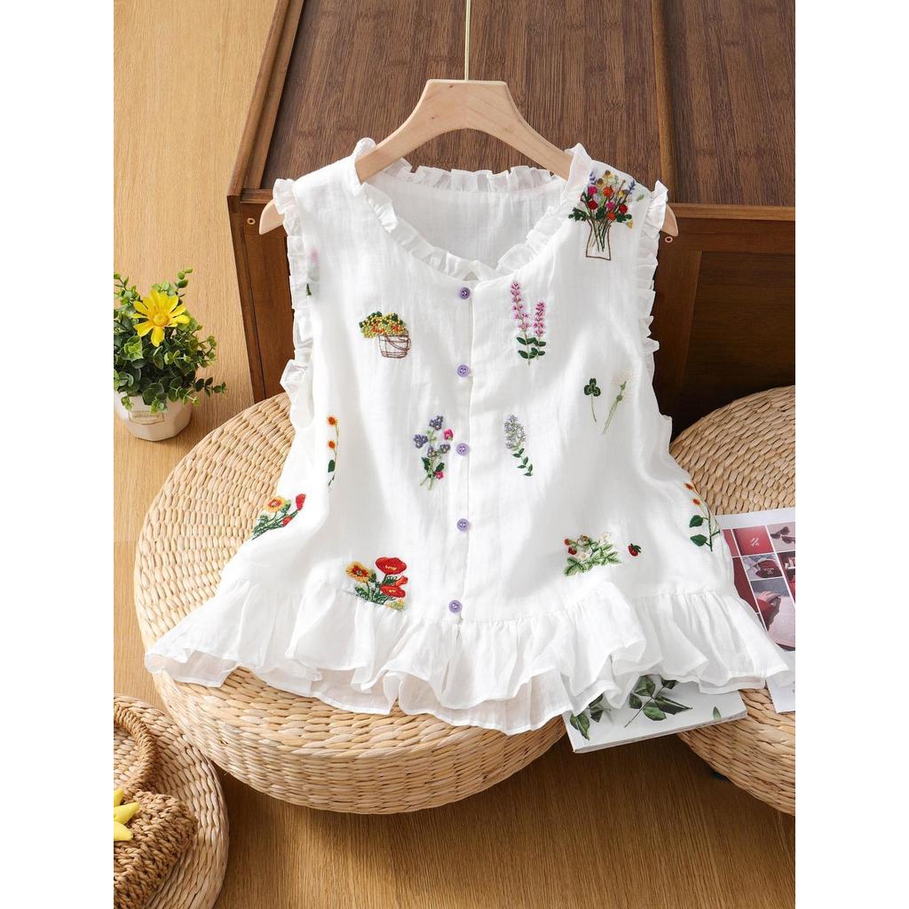 Arte francesa impressa colete camisa feminina verão estilo Mori estilo suave temperamento curto babados sem mangas topo em Oferta na Shopee