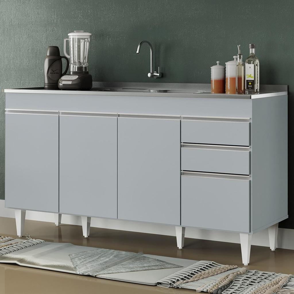Balcão de Cozinha com Pia Inox 150cm 4 Portas Marrocos Cinza Claro - Lumil
