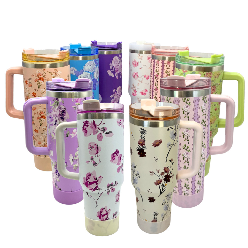 Copo Termico 1200ml Floral Aço Inox Caneca Garrafa Com Tampa e Canudo