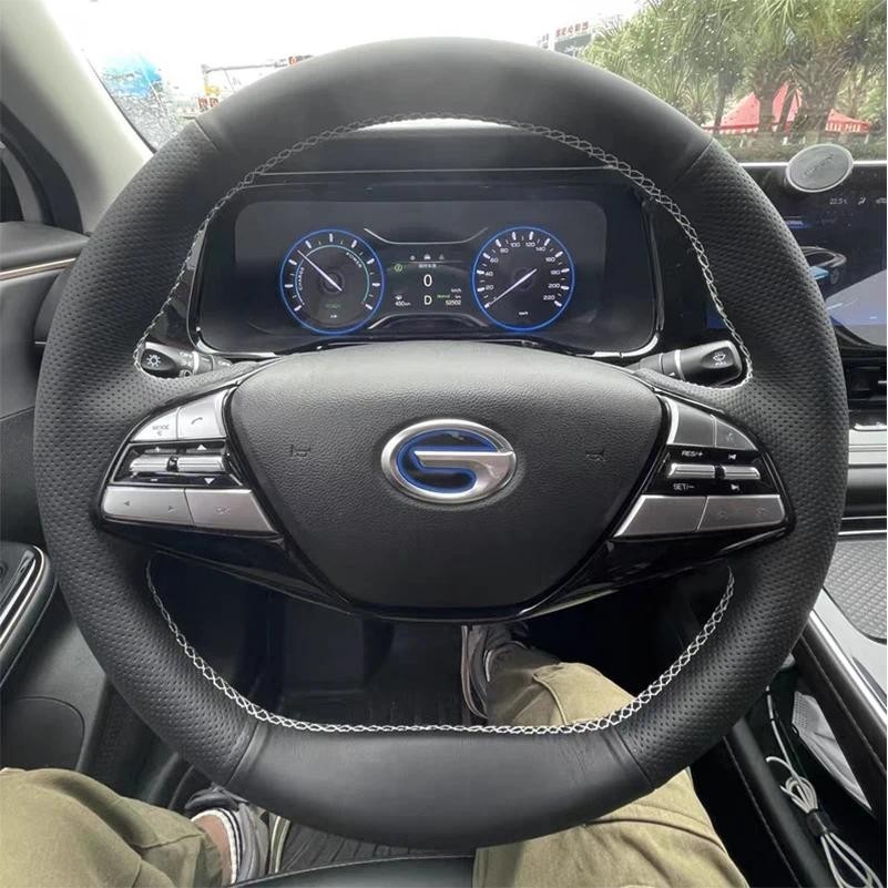Para Trumpchi AION 580 Sv LX 2019-2023 Costurado À Mão Preto Couro Genuíno Linha Branca Antiderrapante Capa De Volante D