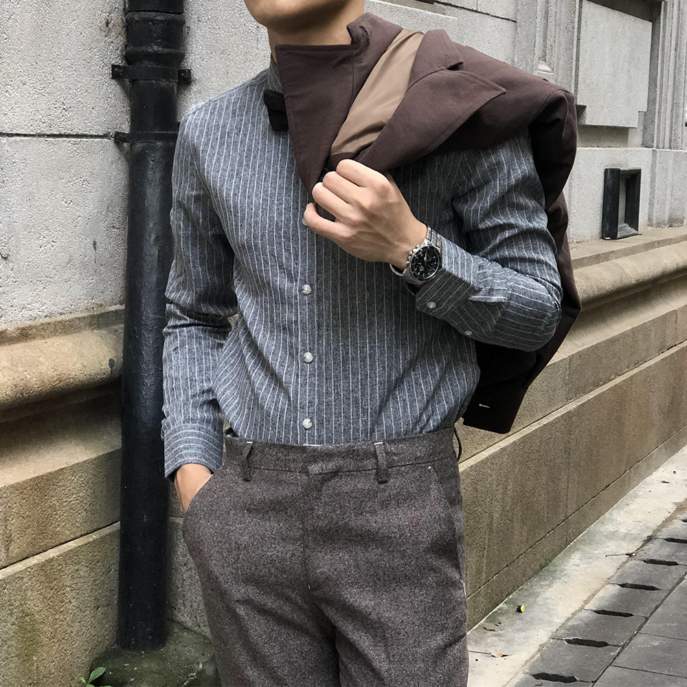 MCCEVTG Camisa listrada retrô britânica masculina Casual Slim fit sem ferro camisa masculina bonita de manga comprida ca