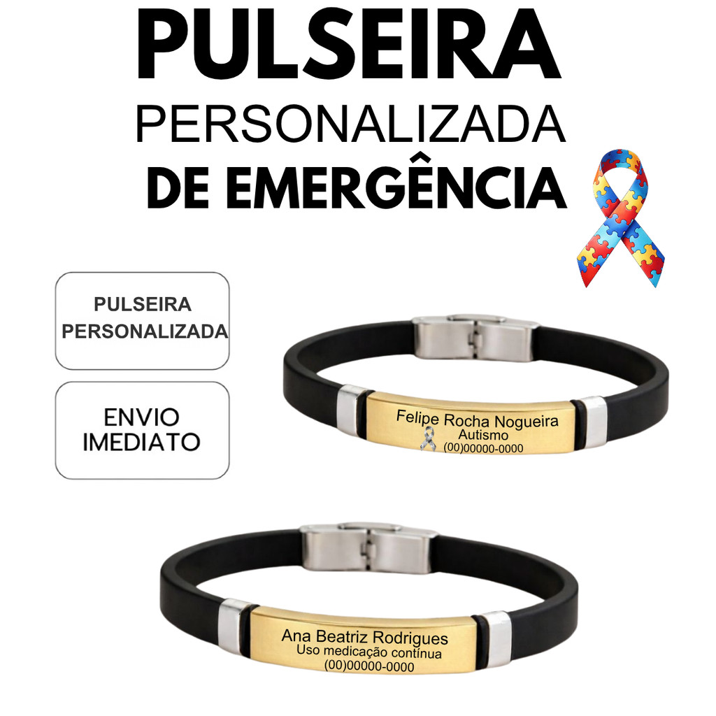 Pulseira De Emergência Personalizada Autismo TDAH Alzheimer Idosos Segurança Ajustável TEA