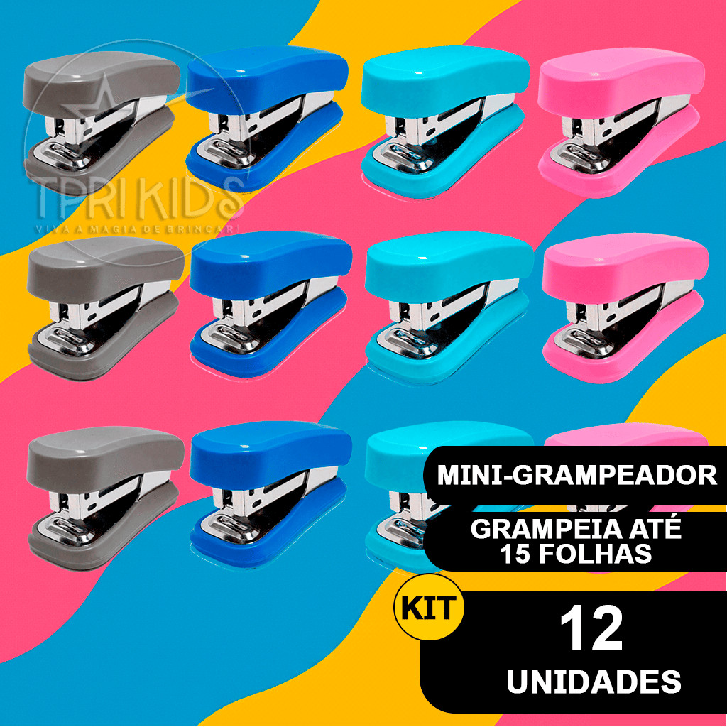 Kit 12 Mini Grampeador Material Escolar Até 15 Folhas Escritório Extrator Grampos 26/6