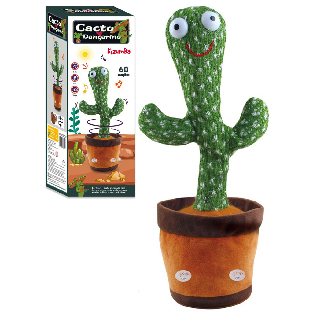 Cacto Dançante Recarregável USB Divertido Pelúcia Interativa Infantil Musical C/ Luz LED Kizumba