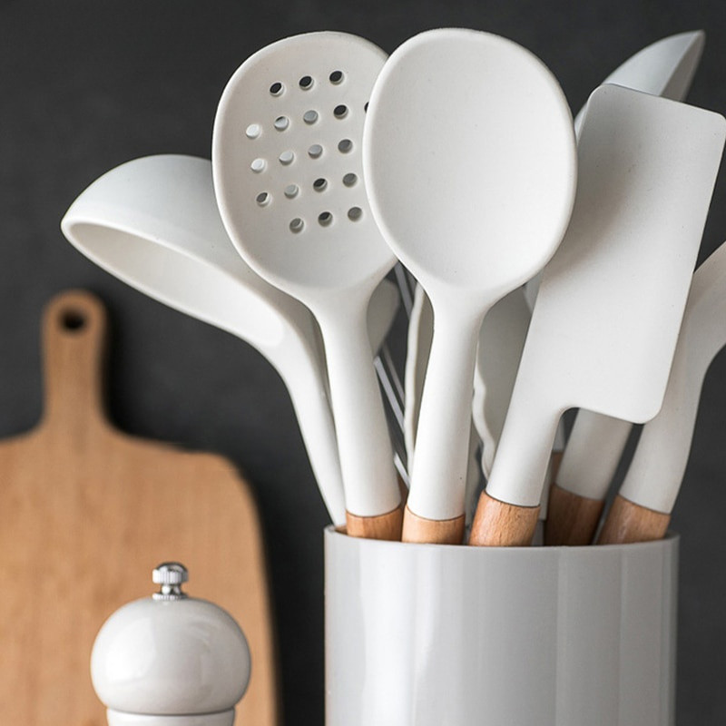 Conjunto de Utensílios de Cozinha de Silicone Resistente a Altas Temperaturas, Ferramenta de Cozinha Antiaderente com Ca