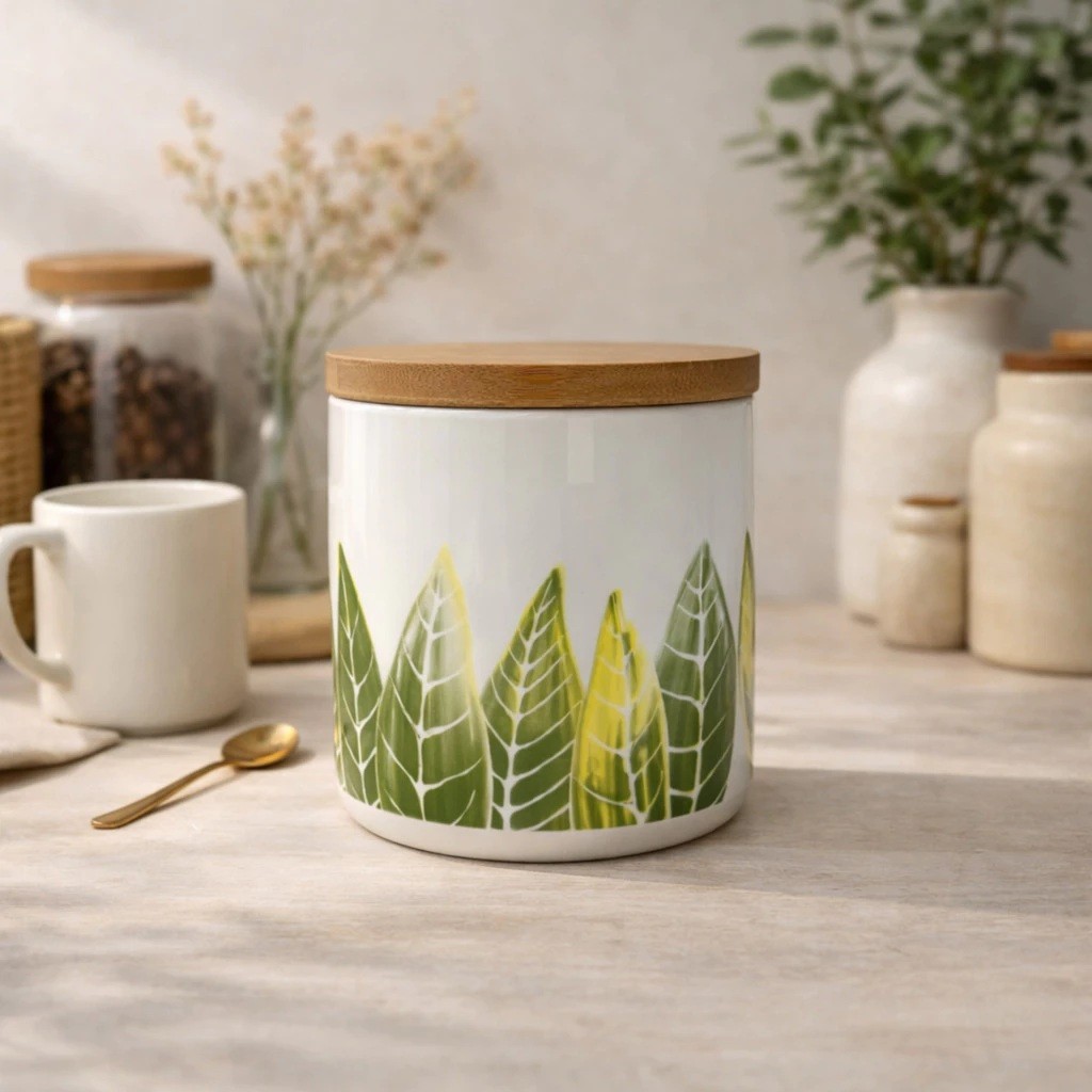 Pote Potiche Cerâmica Branco Folhagens e Tampa Madeira 12cm Decorativo Cozinha