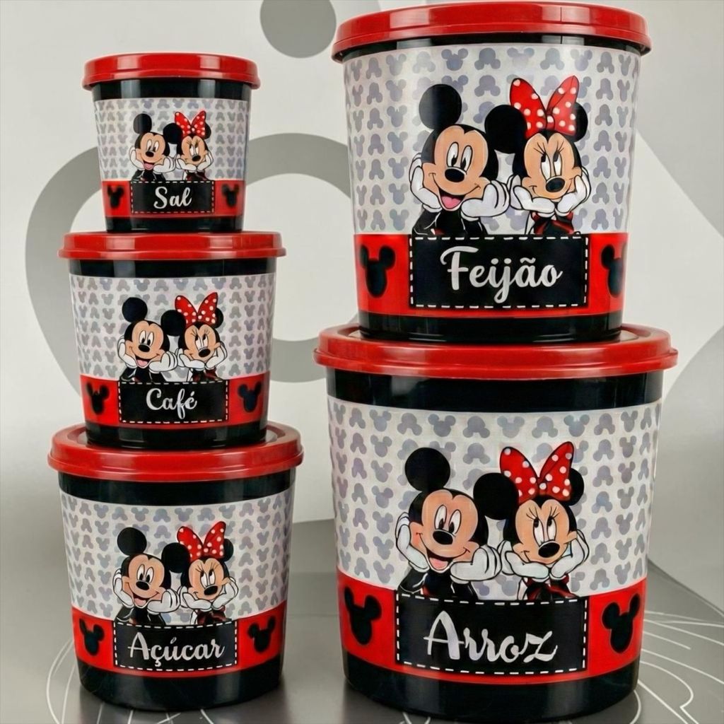 Jogo 5 Potes Organizadores De Cozinha Mickey e Minnie