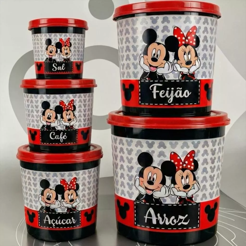 Jogo 5 Potes Organizadores De Cozinha Mickey e Minnie