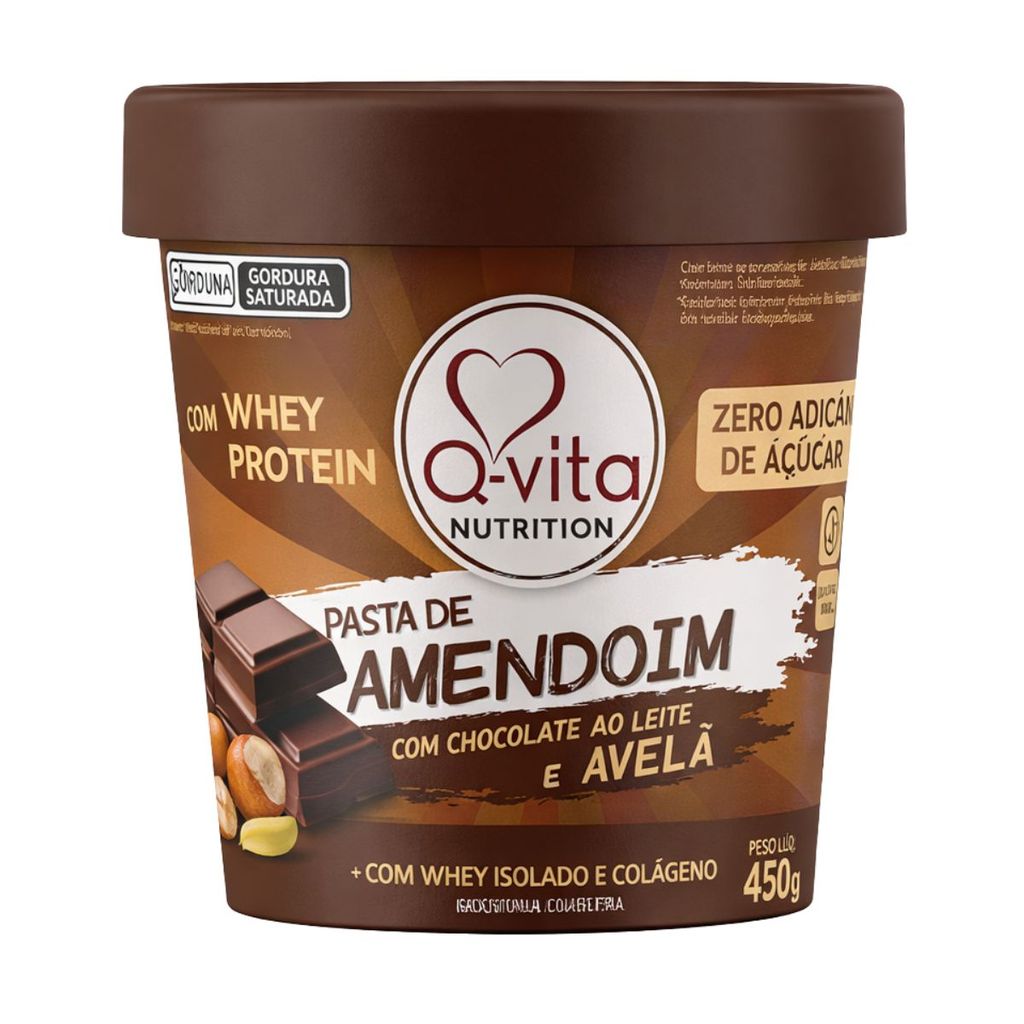 Pasta de Amendoim Sabor Chocolate ao Leite e Avelã Zero Açucar Sem Gluten 450g Whey Isolado e Colágeno - Q-vita