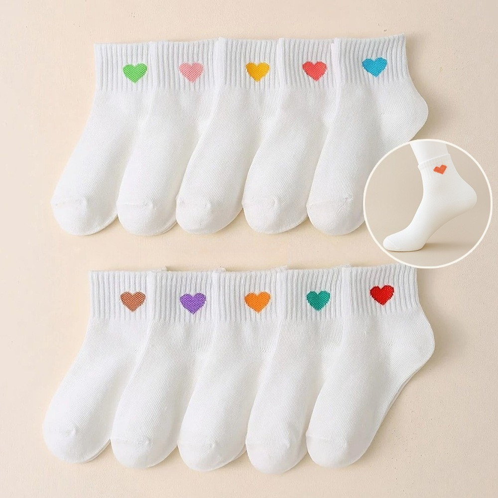 5 Pares Crianças Coração Meias Meninas Branco Preto Algodão Tornozelo Respiráveis Esportes Para Estudantes Todas As Esta