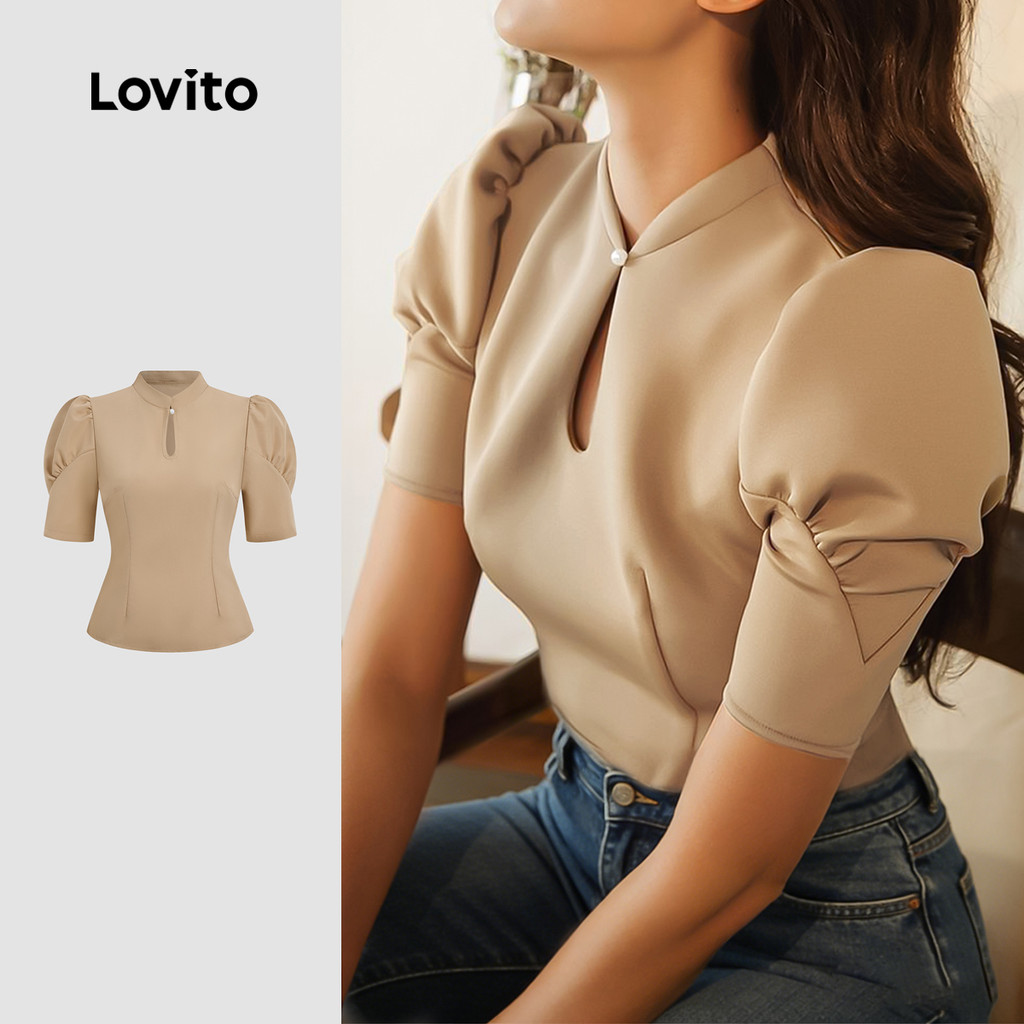Lovito Gola Padre Elegante Blusa com Recorte Estrutura e Design de Linha Blusa C