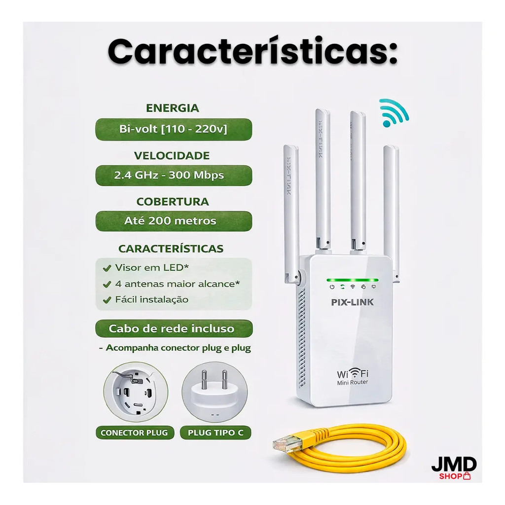 Repetidor de Internet WiFi 4 Antenas Bivolt 300Mbps Fácil Instalação