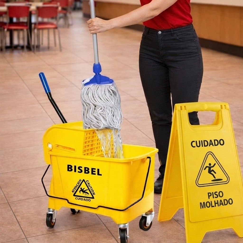 Kit Carrinho Limpeza Profissional Completo + Mop Balde 20 Litros Espremedor Esfregão Placa Atenção