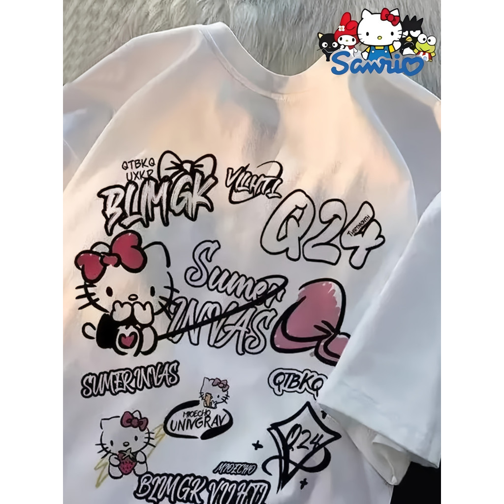 「BR.Moonlight」Camiseta Hello Kitty Estampa Fofa Confortável Divertida Feminina Casual Verão