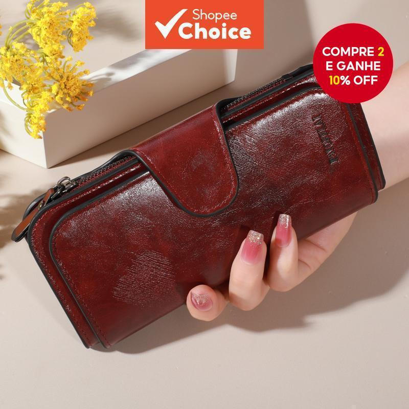 Nova carteira feminina simples e longa, porta-moedas com zíper em couro encerado, bolsa clutch ultra-fina para cheques.
