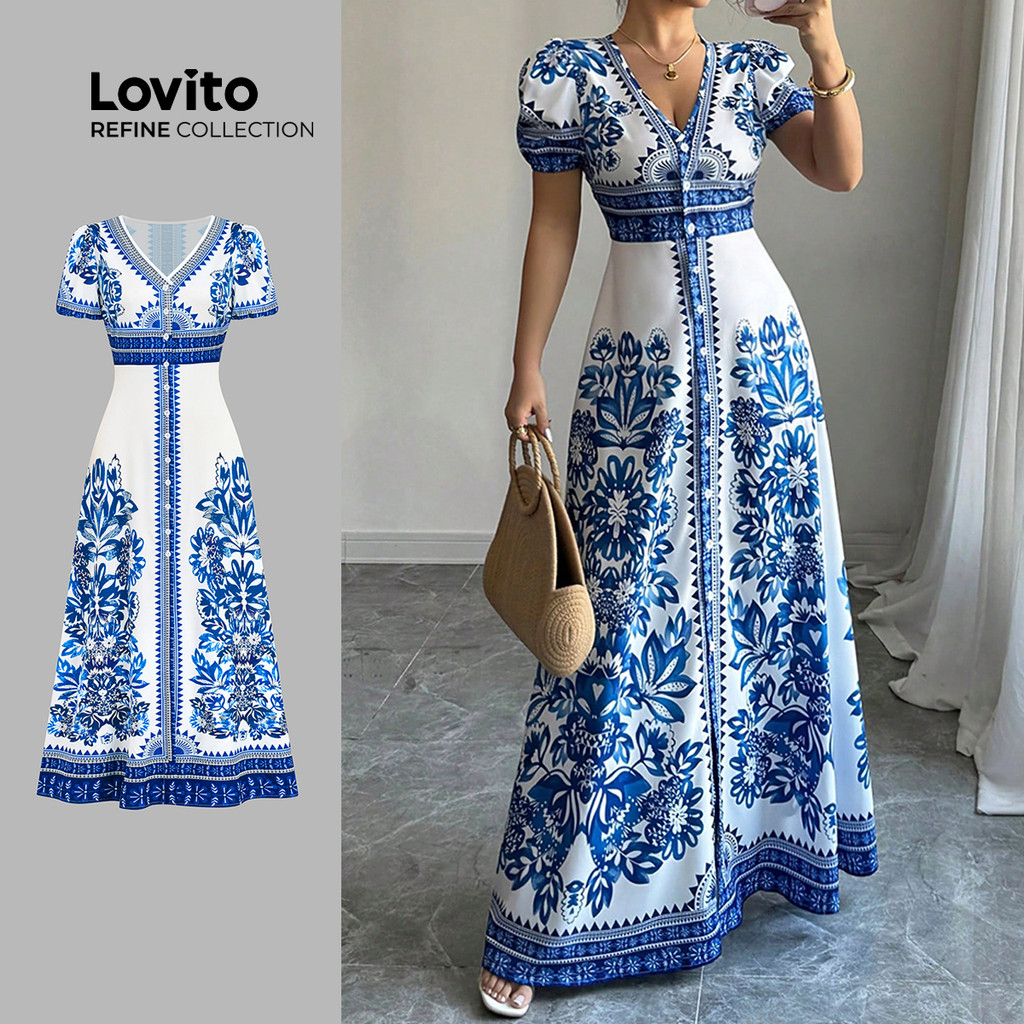 (Lovito Refine) Vestido Boho com Botão Primavera/verão para Mulheres LR26L019 em Oferta na Shopee