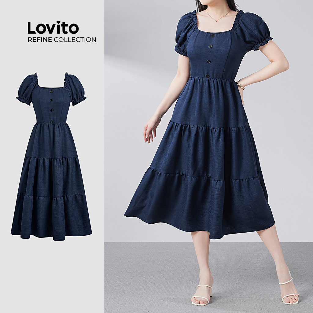 (Lovito Refine) Vestido Boho com Babado Na Bainha Vestido Azul Primavera/verão para Mulheres LR26E009 em Oferta na Shopee